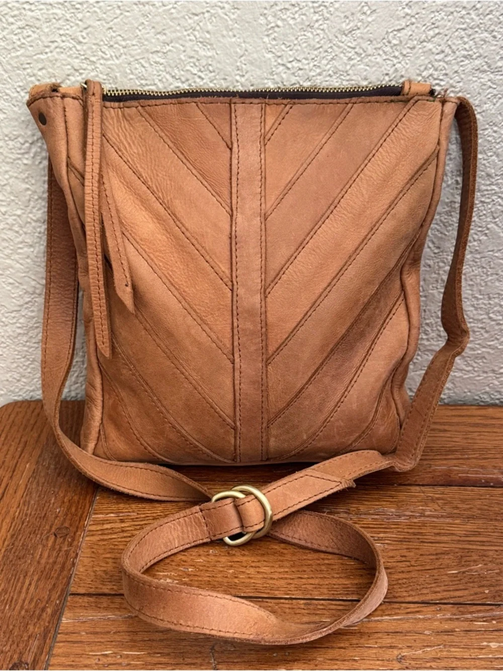Handmade Genuine Leather Camel Chevron Crossbody Bag Purse Boho Western Festival - Picture 2 of 12